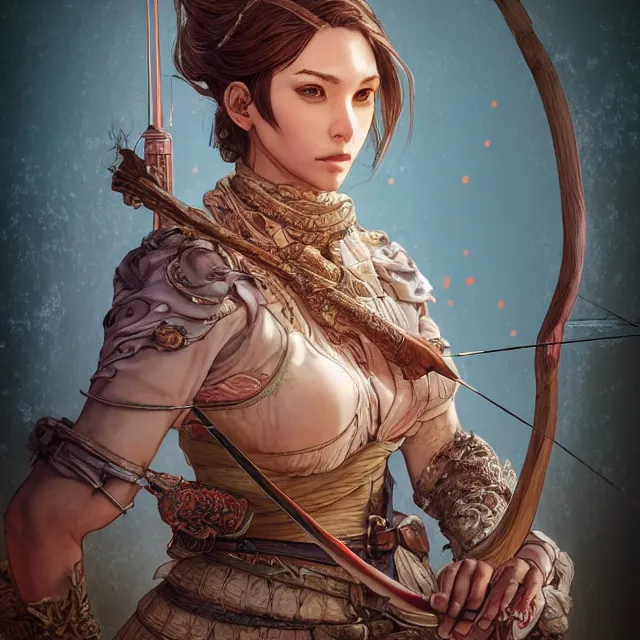 Image similar to the portrait of lawful neutral semi - colorful female archer huntress as absurdly beautiful, gorgeous, elegant, young woman, an ultrafine hyperdetailed illustration by kim jung gi, irakli nadar, intricate linework, bright colors, octopath traveler, final fantasy, unreal engine 5 highly rendered, global illumination, radiant light, detailed and intricate environment