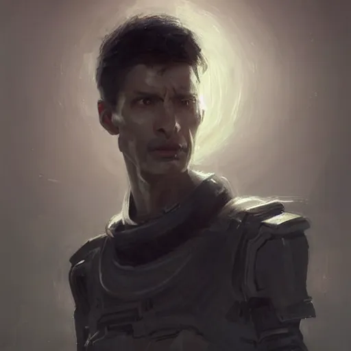 Image similar to portrait of a man by greg rutkowski, he is about 3 0 years old, short black hair with bangs, expression of terror and bewilderment, very tall and slender, he is wearing futuristic space gear, highly detailed portrait, digital painting, artstation, concept art, smooth, sharp foccus ilustration, artstation hq