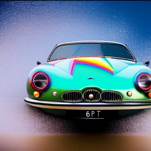 Prompt: hyperrealistic photo of an old jaguar car underwater in a swimming poo, rainbow colorsl, 4 k, 8 k, thin film, full shot