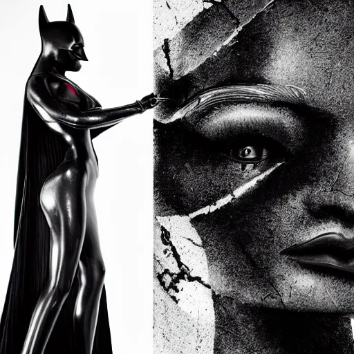 Prompt: extremely beautiful female black marble statue eviscerated in the style of virgil abloh, fox attacking batman with crayons, beautiful woman saves the day, sharp focus, clear, detailed, cinematic, detailed, off white, glamourous, symmetrical, vogue, editorial, fashion, magazine shoot, glossy, 8 k