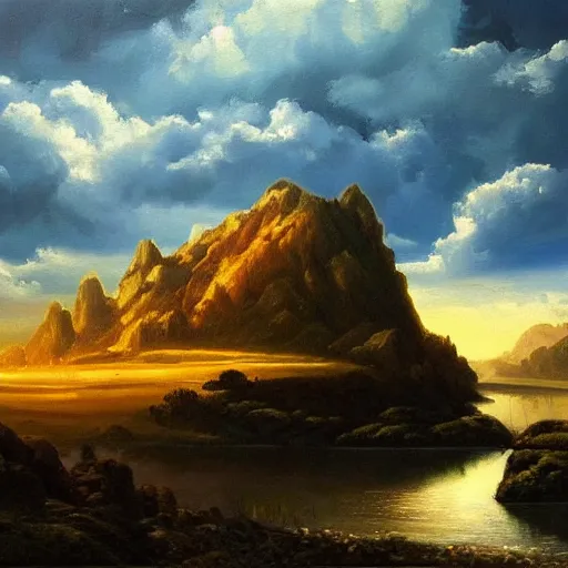 Image similar to a beutiful oil painting of a landscape, dramatic lighting, clouds in the sky, mountains