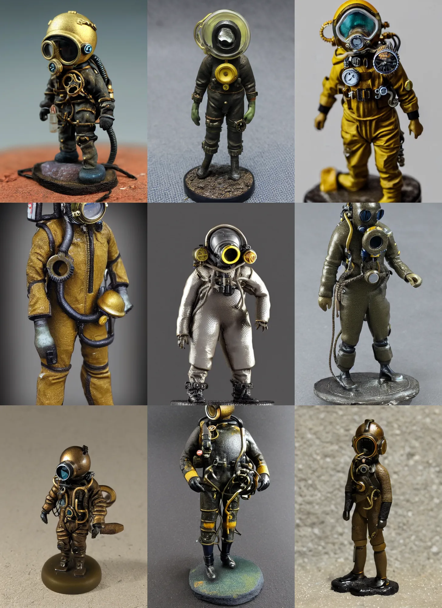 Prompt: 80mm resin detailed miniature of a Diver, diving suit, steampunk, helmet, boots, symbol, textured base; Miniature Product Photos, 4K, view from front