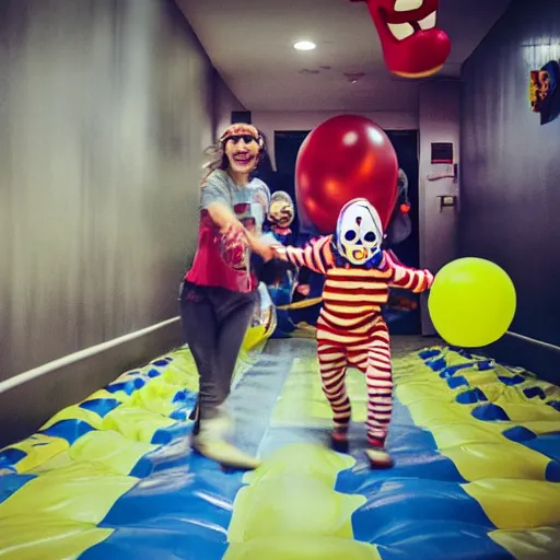 Prompt: photo, chased by a scary clown in infinite corridors made of bouncy castle