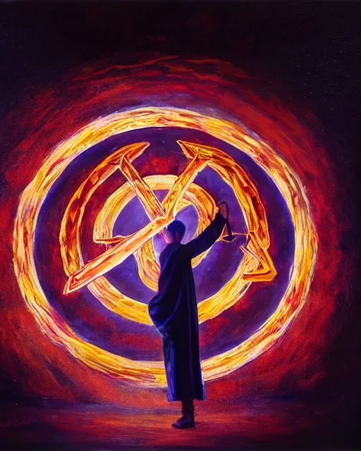 Image similar to oil painting of mage reciting an incantation and standing on glowing circular runes in the middle of dark room, high production value, intricate details, high resolution, hyperrealistic, hdr, high definition, masterpiece, ultra realistic, highly detailed, hd, sharp focus, non blurry, sharp, smooth