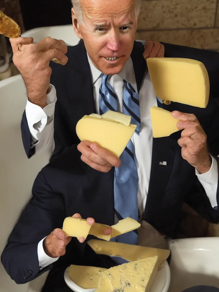 Image similar to Joe Biden eating cheese in a bathtub