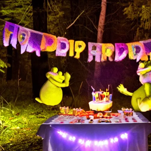 Image similar to photo of toad birthday party in the woods at night