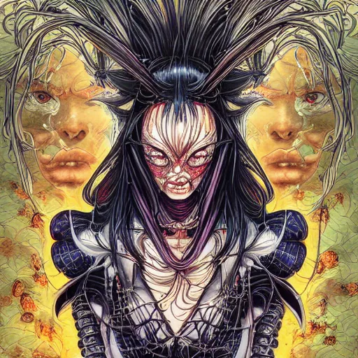 Prompt: portrait of crazy spider girl, symmetrical, by yoichi hatakenaka, masamune shirow, josan gonzales and dan mumford, ayami kojima, takato yamamoto, barclay shaw, karol bak, yukito kishiro