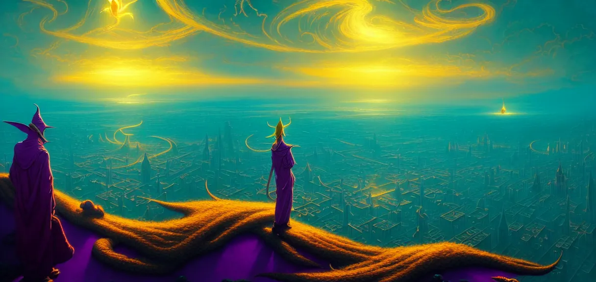 Prompt: post - minimalism portrait of a magical city bird's eye view, golden clouds, elvish wizards summoning cthulhu from the purple void, vibrant turquoise mystical color scheme, highly detailed, in the style of romanticism, cinematic, artstation, moebius, greg rutkowski