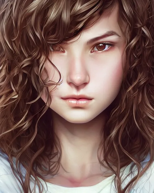 Image similar to portrait of 1 5 - year old girl with lush frizzy untamable brown hair, large front teeth, and bright piercing brown eyes, hyper realistic face, beautiful eyes, character art, art by artgerm lau and wlop and and ilya kuvshinov and john singer sargent, hyperdetailed, cryengine, trending on artstation, wizard, digital art