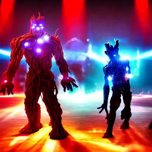 Image similar to groot and optimus prime dancing at techno party among people, wide shoot, after effect, ultra realistic