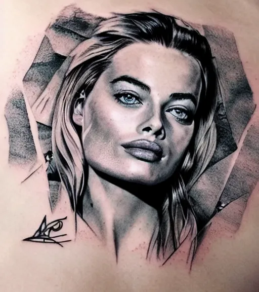 Image similar to tattoo design sketch mash up of margot robbie with beautiful mountain scenery, double eposure effect, in the style of arlo dicristina, surrealist, amazing detail, sharp