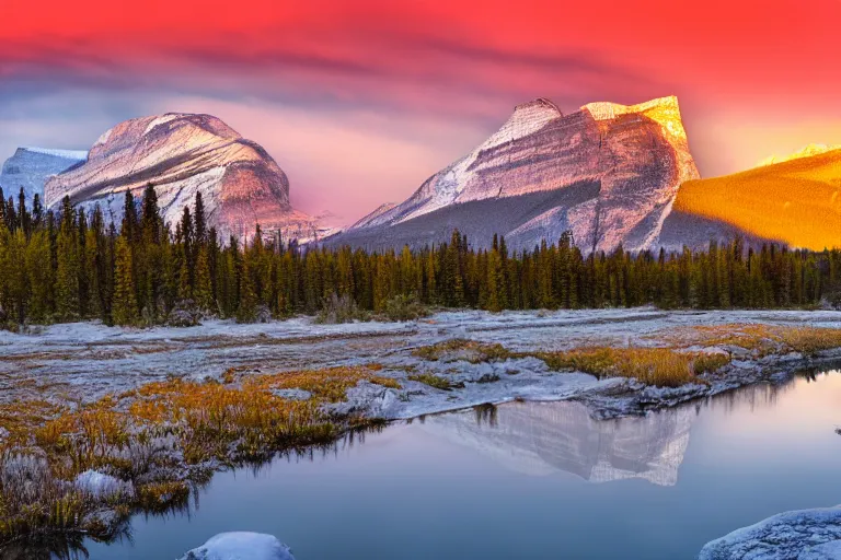 Image similar to an epic landscape painting of rundle mountain in alberta, with snow on its peak, at sunrise in springtime, with bow river in the foreground, painted by x, atmospheric, volumetric lighting, rolling fog, breathtaking, highly detailed