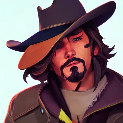 Image similar to a portrait of mccree from overwatch, closeup, art by lois van baarle and loish and ross tran and rossdraws and sam yang and samdoesarts and artgerm and saruei and disney, digital art, highly detailed, intricate, sharp focus, trending on artstation hq, deviantart, unreal engine 5, 4 k uhd image