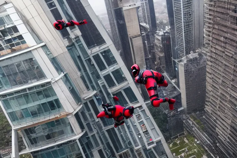 Image similar to 85mm Deadpool jumps off helicopter and smashes through high rise window by Emmanuel Lubezki