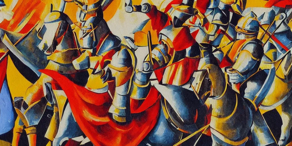 Image similar to futurism style painting of medieval knights jousting