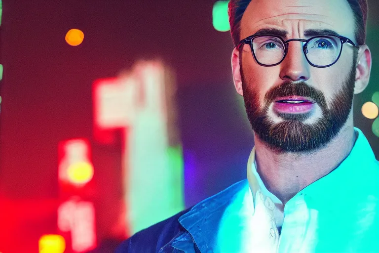 Image similar to chris evans, posing for the camera, neon lighting, closeup!!!!!!, macro!!!!!!, 3 5 mm!!!!!! lens, comprehensive art, neon!!!!!! atmosphere, intricately detailed, indistinguishably unique, 4 k, 8 k, detailed facial features