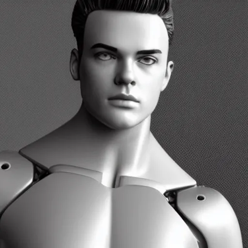 Prompt: “a realistic detailed photo of a guy who is an attractive humanoid who is half robot and half humanoid, who is a male android, Ethan Dolan, shiny skin, posing like a statue, blank stare”