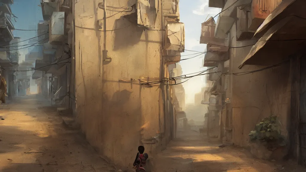 Image similar to alley in a big african city, a lonely kid, summer, david febland, artstation, matte painting