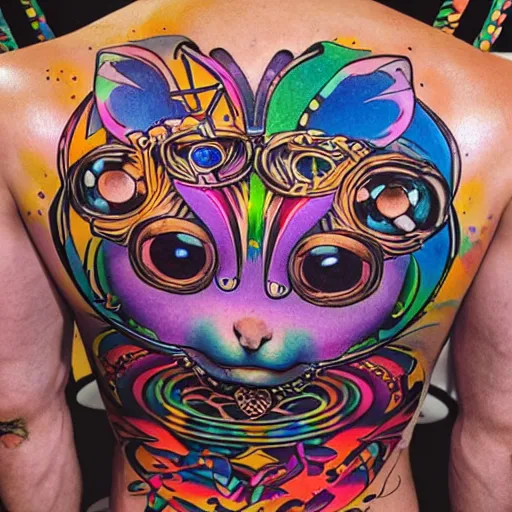 Image similar to shoulder back tattoo of a multicolored hallucinogenic cute bush baby as disc jockey with dj desk, eyes are colorful spirals, surrounded with colorful magic mushrooms and rainbowcolored marihuana leaves, insanely integrate