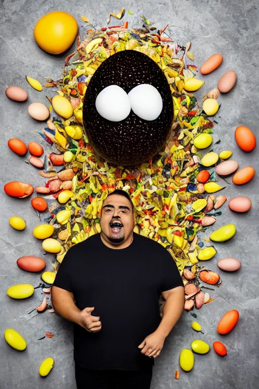 Prompt: 📷 gabriel iglesias comedian the egg 🥚, made of food, head portrait, dynamic lighting, 4 k