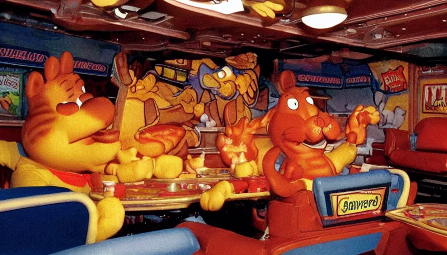 Image similar to 1990s photo of inside the Garfield ride at Universal Studios in Orlando, Florida, riding a plate of Lasagna with Garfield through a living room filled with tons of food, cinematic, UHD