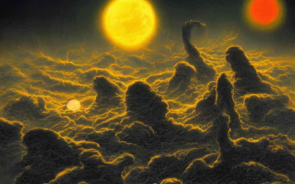 Image similar to black dead sun howling radioactive dread sun of the void above the tomb wastes, award winning oil painting by Michael Whelan, nuclear color palette