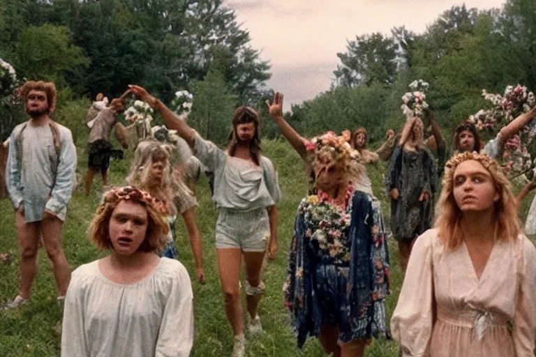 Image similar to vhs 1 9 8 0 s film of a scene from the movie midsommar directed by ari aster