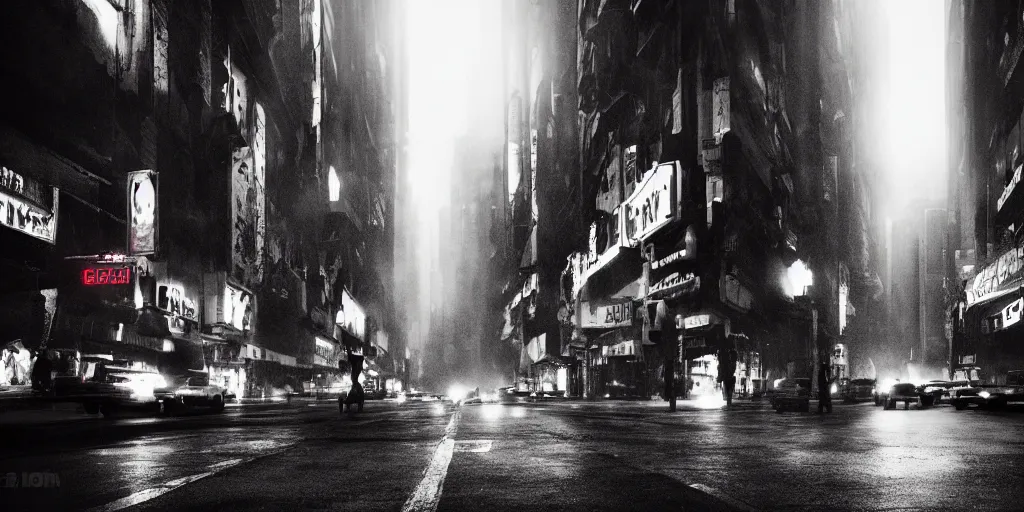 Prompt: city street, neo noir, blade runner, sci fi, retro futuristic, cinematic, atmospheric, hazy, 135mm lens, 3D