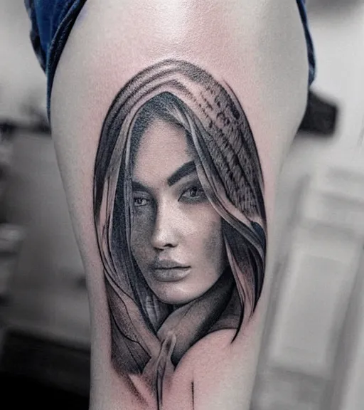 Image similar to tattoo design sketch of a beautiful woman face with a stunning mountains faded background on her side, hyper - realistic, double exposure, in the style of matteo pasqualin, amazing detail, black and white, faded