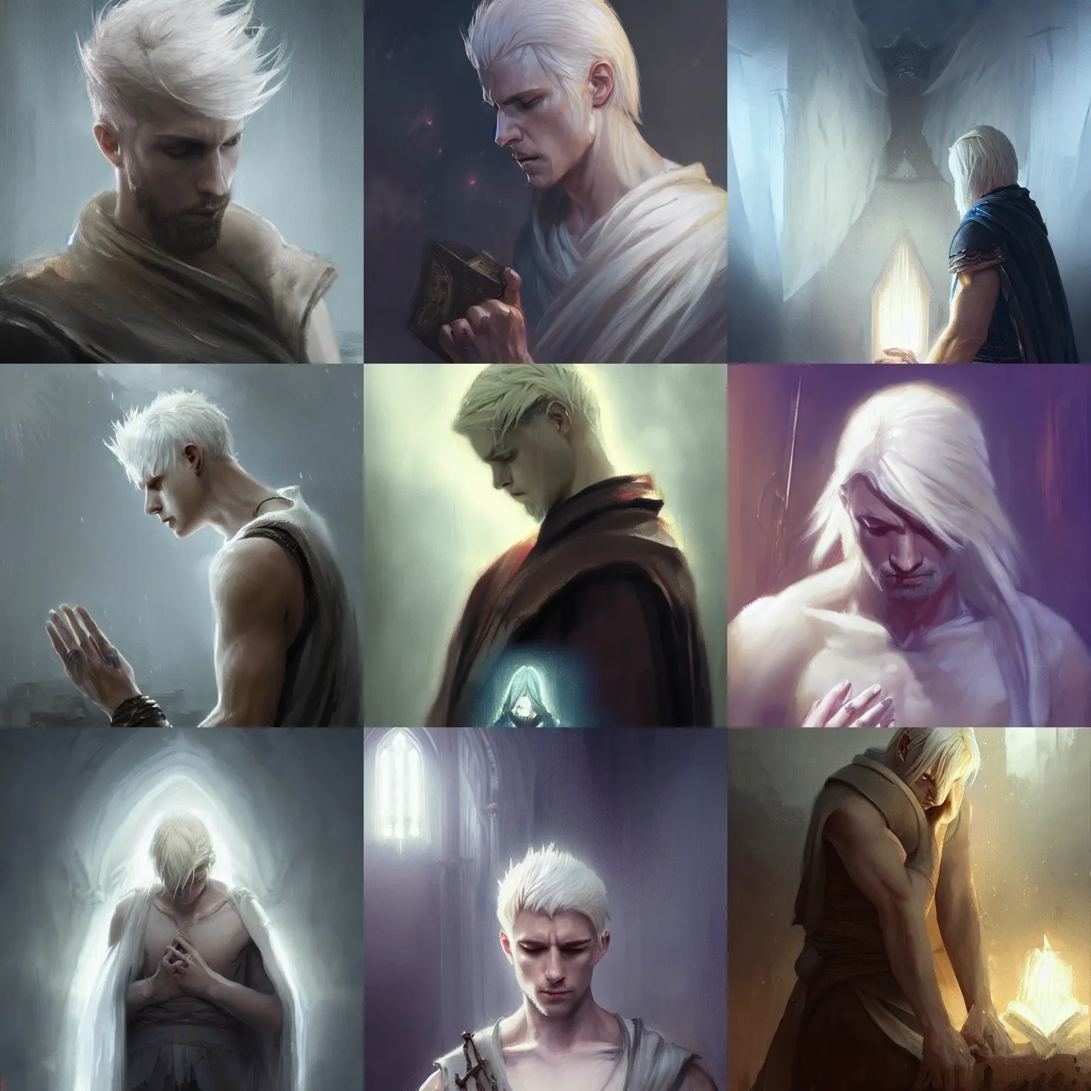 Prompt: dramatic masterpiece Greg Rutkowski male Aasimar cleric with platinum blonde hair praying amidst sorrow, realistic, cinematic lighting, WLOP, dungeons and dragons