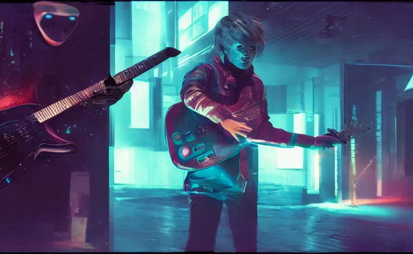 Image similar to found footage of Marty McFly playing a futuristic guitar, in liminal space, cyberpunk, film grain, dark lighting, realistic, photgraph, silent hill style, detailed cinematic lighting