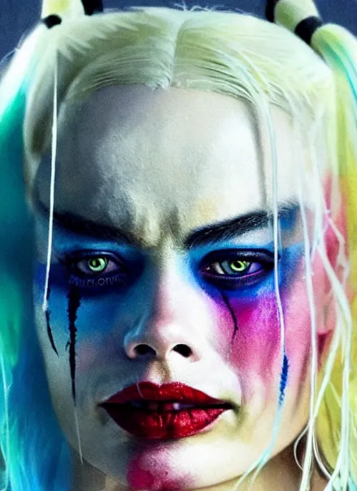 Prompt: 2 8 mm side portrait of beautiful suicide squad happy margot robbie with long white hair that looks like harley quinn, angry frown, glamour pose, watercolor, style by simon bisley, ismail inceoglu, wadim kashin, filip hodas, benedick bana, and andrew atroshenko.