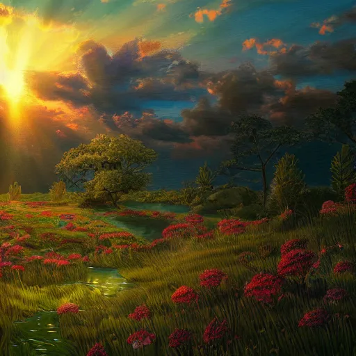 Image similar to always the sun, beautiful strange detailed summer landscape painting 8k resolution deviantart trending on Artstation concept art digital illustration