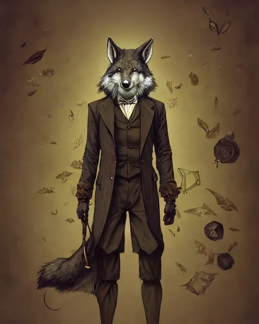 Image similar to anthropomorphic art of a detective wolf, victorian inspired clothing by artgerm, victo ngai, ryohei hase, artstation. fractal papersand books. highly detailed digital painting, smooth, global illumination, fantasy art by greg rutkowsky, karl spitzweg