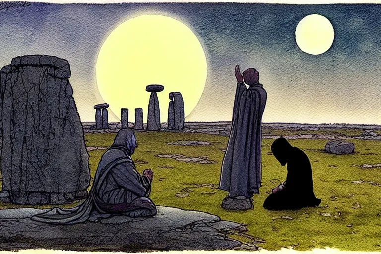 Image similar to a realistic and atmospheric watercolour fantasy concept art of a metallic ufo landing in a large stonehenge. medieval monk in grey robes on his knees praying. a crescent moon in the sky. muted colors. by rebecca guay, michael kaluta, charles vess and jean moebius giraud