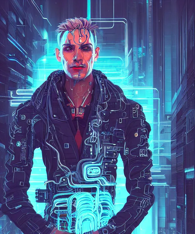 Image similar to a portrait of a male cyberpunk netrunner made of cables, fantasy, elegant, digital painting, artstation, concept art, matte, sharp focus, illustration, art by josan gonzalez