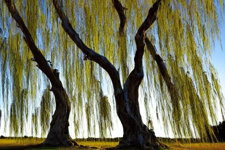 Image similar to A 2000 year old Weeping willow tree, on a center of an amazing spring field, hyperrealistic, hyper detailed, smooth light, birds in the sky, wide angle lens,