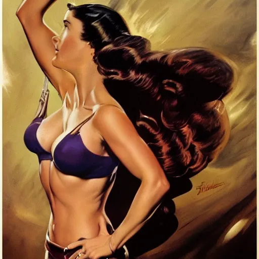 Image similar to frank frazetta jennifer connelly pin up, full body, 8 k, realistic, photo real, smooth, sharp, intricate detail, hyper detail, dramatic lighting, dramatic shading