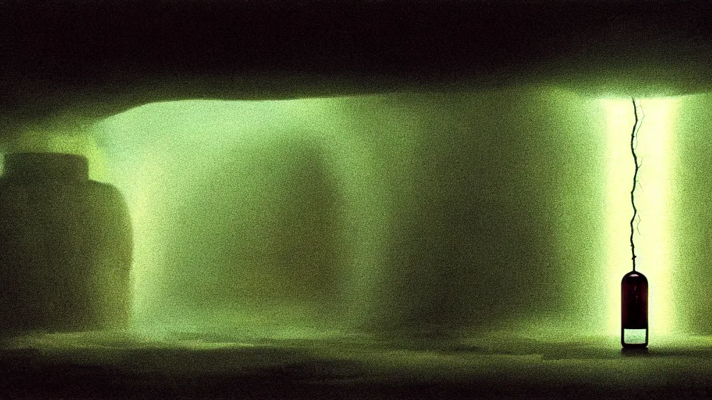 Image similar to lightning inside of a bottle, n the cellar film still from the movie directed by denis villeneuve and david cronenberg with art direction by salvador dali and zdzisław beksinski, wide lens