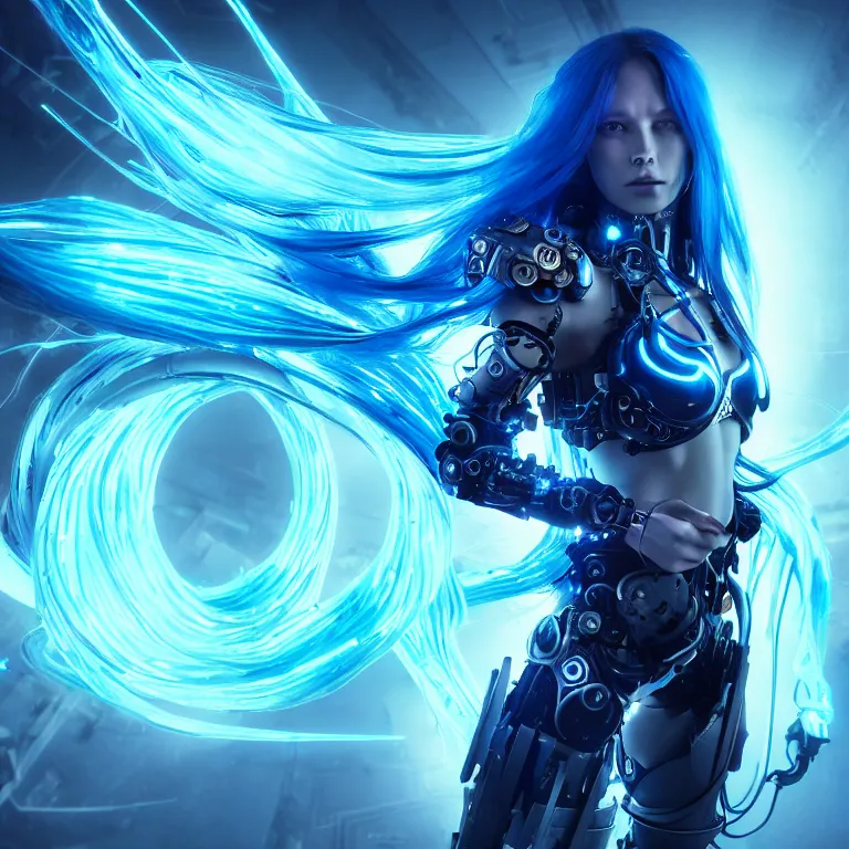 Prompt: beautiful cinematic fantasy poster, a cyberpunk cyborg female with brilliant blue flowing hair, beautiful blue glowing gold eyes, wideshot ultrawide angle epic scale, in the style of Mika Koskensalmi, Jason Chan, art station; cinematic quality character render; low angle; ultra high quality model; production quality cinema model;