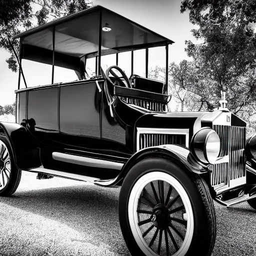 Image similar to Model T Ford with 24 inch rolls royce phantom wheels, (Sony a7R IV, symmetric balance, polarizing filter, Photolab, Lightroom, 4K, Dolby Vision, Photography Award, black and white)