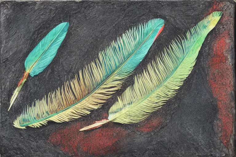 Image similar to 'The color of a River Feather' Mixed Media on Slate, private collection, masterpiece