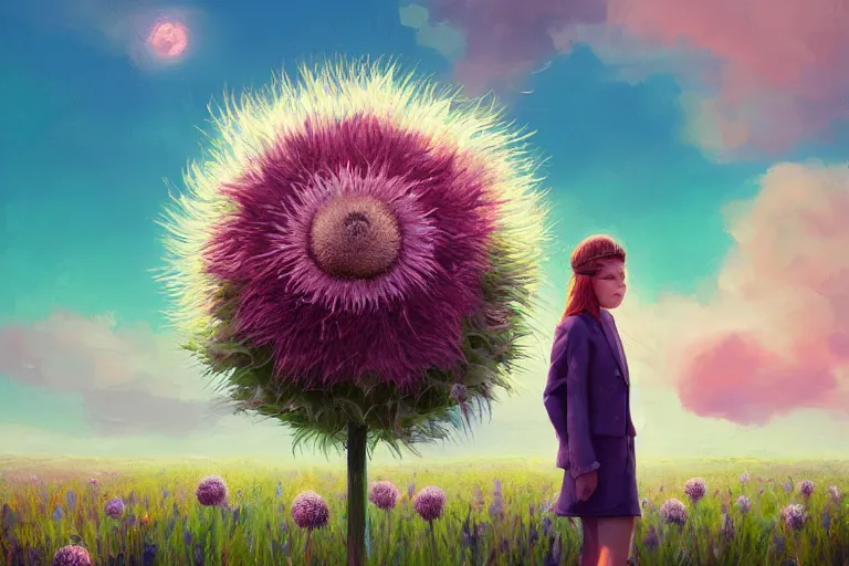 Prompt: portrait, giant thistle flower under head, a girl in a suit in field of flowers, surreal photography, sunrise, blue sky, dramatic light, impressionist painting, digital painting, artstation, simon stalenhag