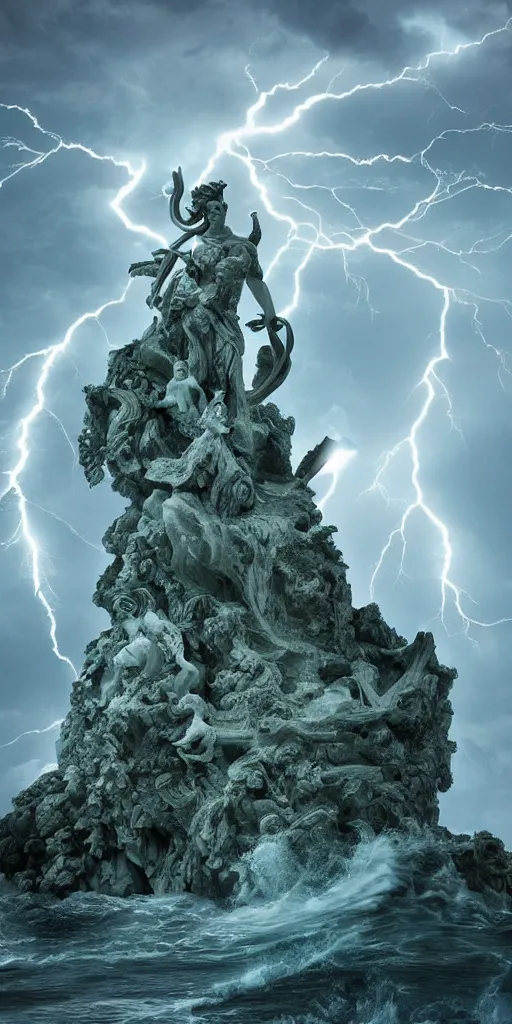 Image similar to gigantic marble statue of the goddess of the sea wielding a trident on an island. roiling waves at the base. scene lit by lightning. thunderclouds in the background. fantasy setting. magicians praying to the statue. purples and greens. fantasy aesthetic. extremely detailed. 4 k. digital art.