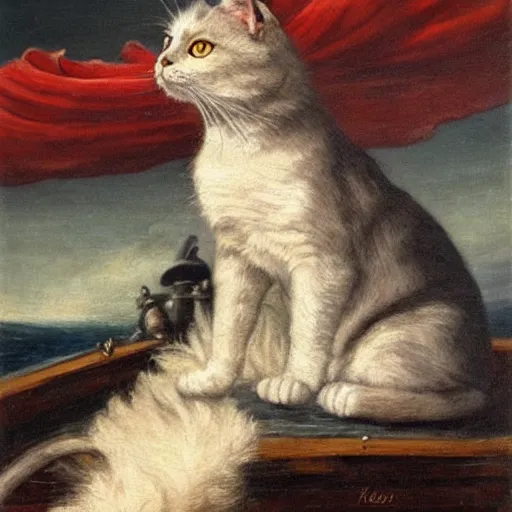 Image similar to a pirate cat sails his ship toward the gathering storm on the horizon, oil on canvas, 1 8 8 3, highly detailed