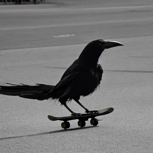 Image similar to a photo of a crow riding a skateboard