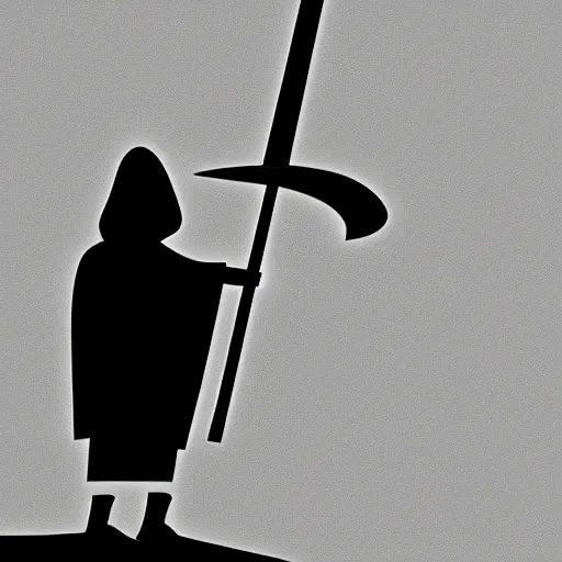 Image similar to a black figure in a grey cloak holding his black spear up to the sky, Digital art