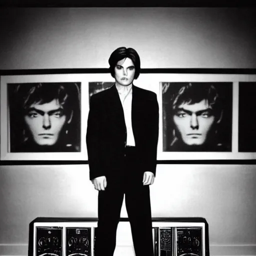 Image similar to stunning symmetrical portrait of alain delon in front of a tall moog synthesizer, high contrast grainy blank and white photography print ilford warm tone