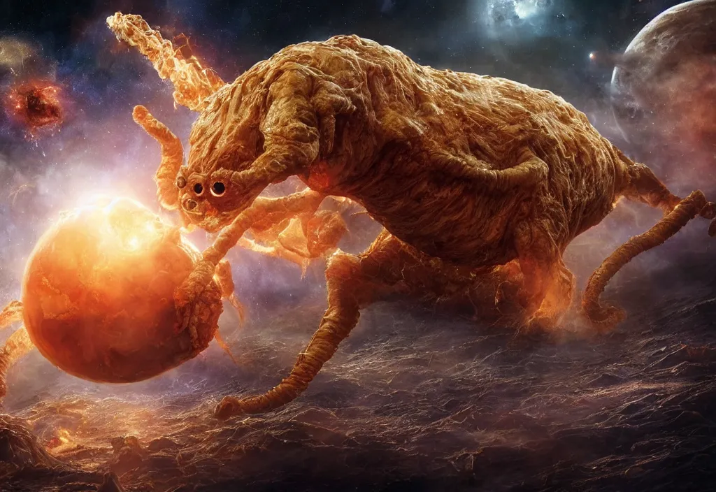 Image similar to eldritch horror bloody garfield in space, hd, 8 k, giant, epic, realistic photo, unreal engine, stars, prophecy, powerful, cinematic lighting, destroyed planet, debris, violent, sinister, ray tracing, dynamic, epic composition, dark, horrific, teeth, grotesque, monochrome drawing, hellscape, death, corpses, foreboding