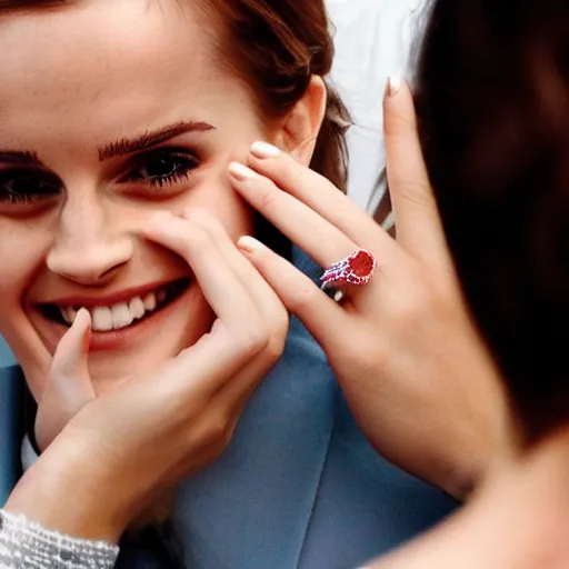 Image similar to A photo of laugh emma watson show wedding ring on his fingers. 50 mm. perfect ring. award winning photography